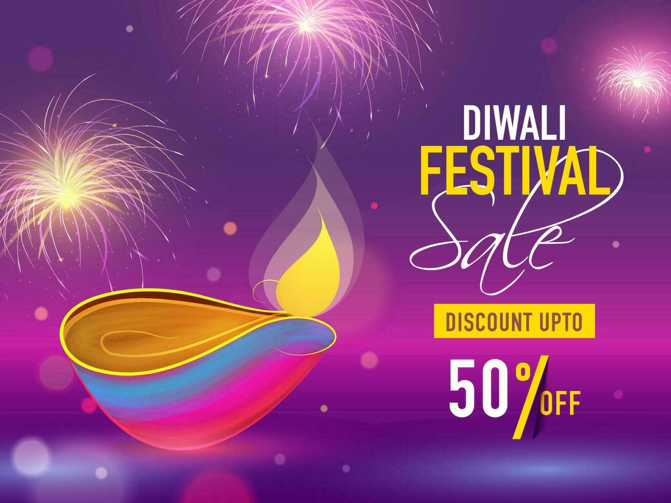 Diwali Festival Sale banner or poster design with discount offer and oil lamp on purple bokeh fireworks background. vector