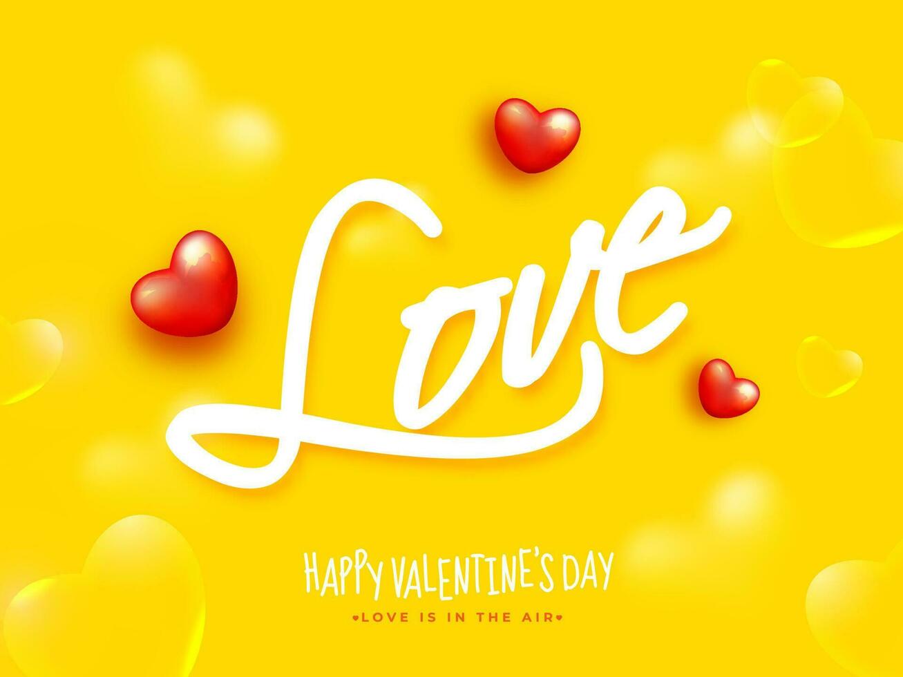 Love Text with Red and Transparent Hearts Decorated on Yellow Background for Happy Valentine's Day, Love is in the air concept. vector