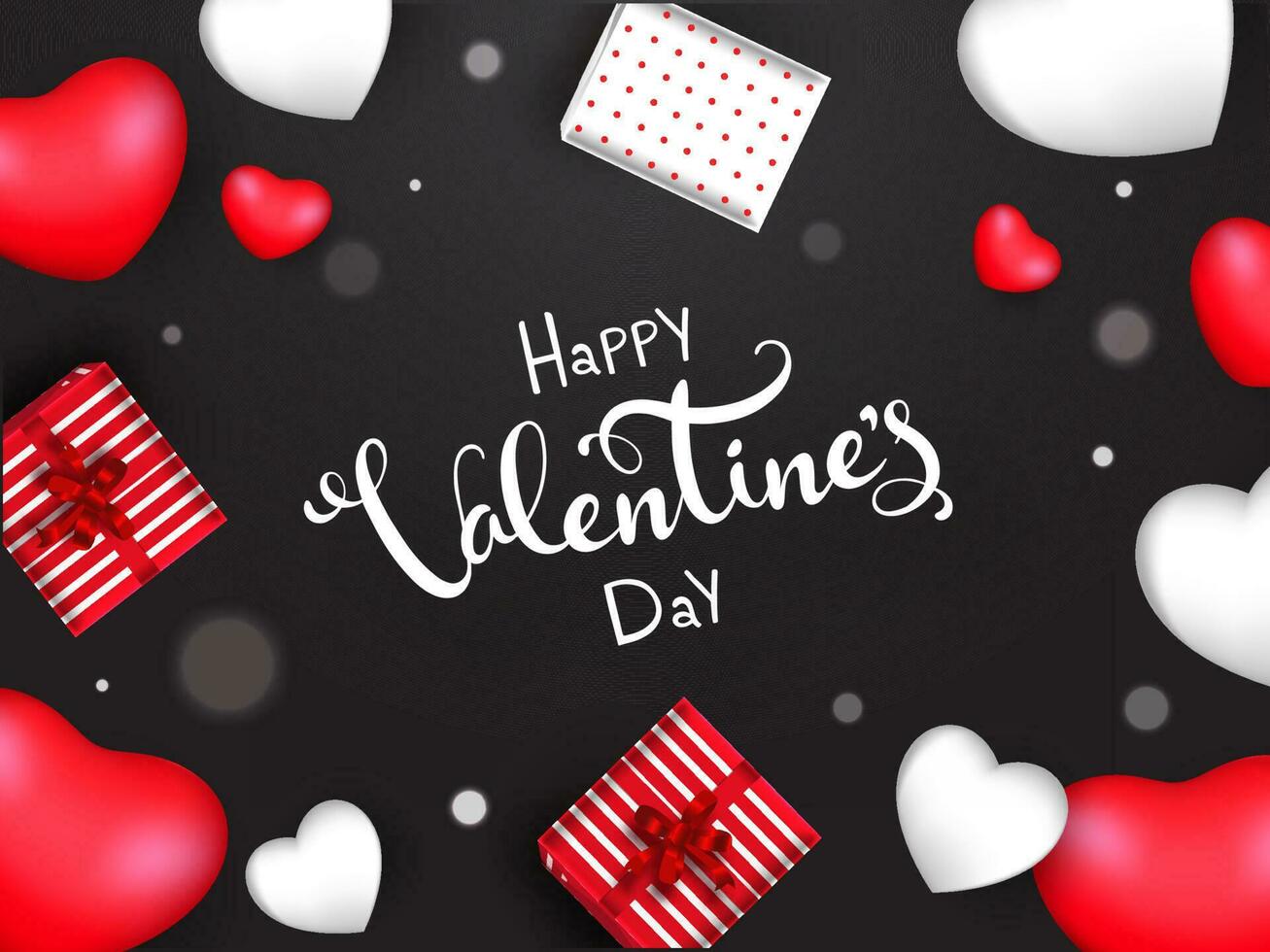 Happy Valentine's Day Font with Top View Gift Boxes and Hearts Decorated on Black Background. vector
