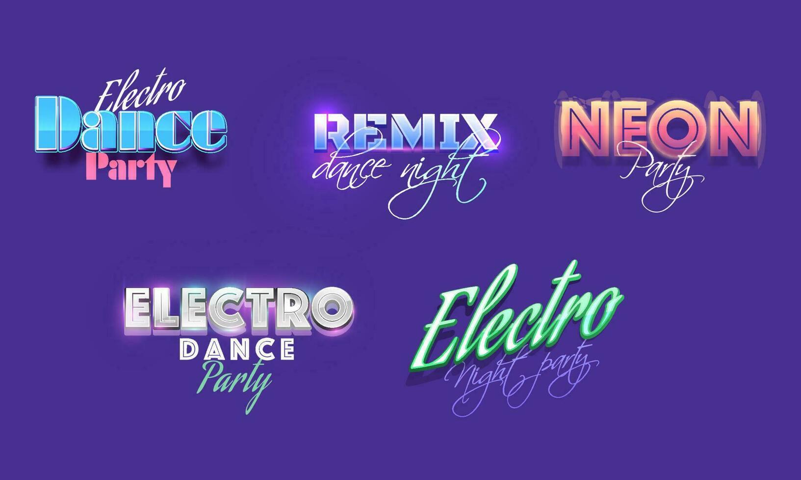 diferente tipos texto de fiesta concepto me gusta como electro bailar, remezclar danza noche, electro noche, neón fiesta en púrpura antecedentes. vector
