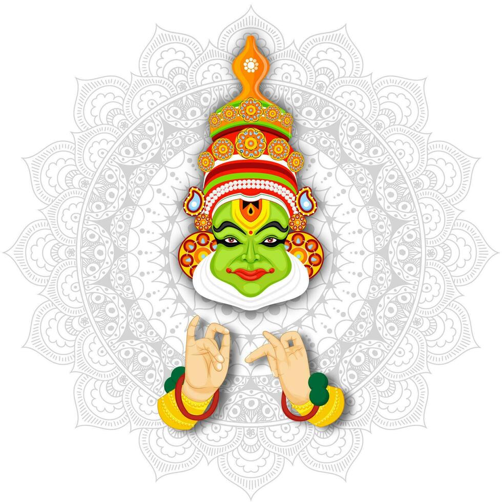 ilustración de Kathakali bailarín en blanco mandala modelo antecedentes. vector