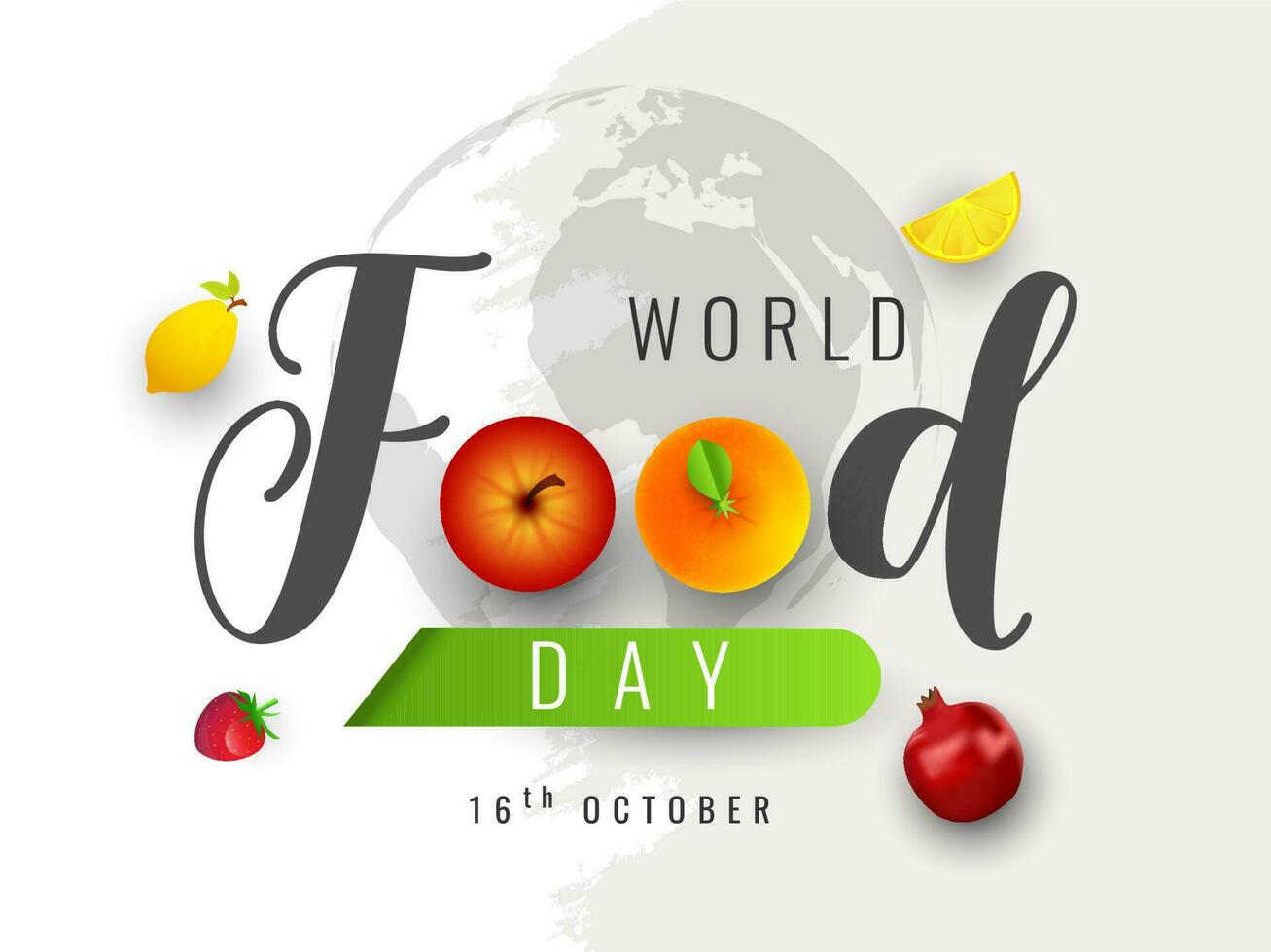 Creative text of World Food Day with fruits on white earth globe background for 16th October celebration concept. vector