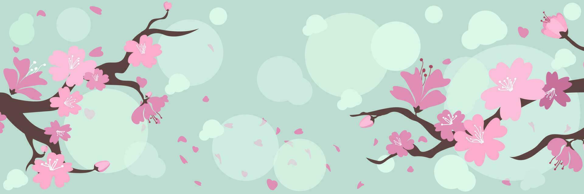 Horizontal banner with cherry blossom, spring sakura flowers. Retro vector illustration. Place for your text. Design for invitation, card, poster, flyer, label.