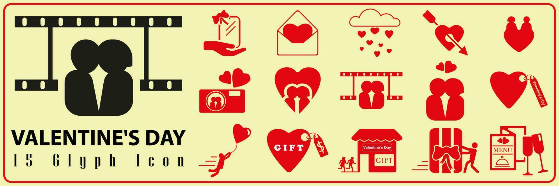 Set of cute vector love icon. Collection of scrapbooking design elements for valentines day heart, holiday gift, ice cream. Romantic red and pink glyph vector.