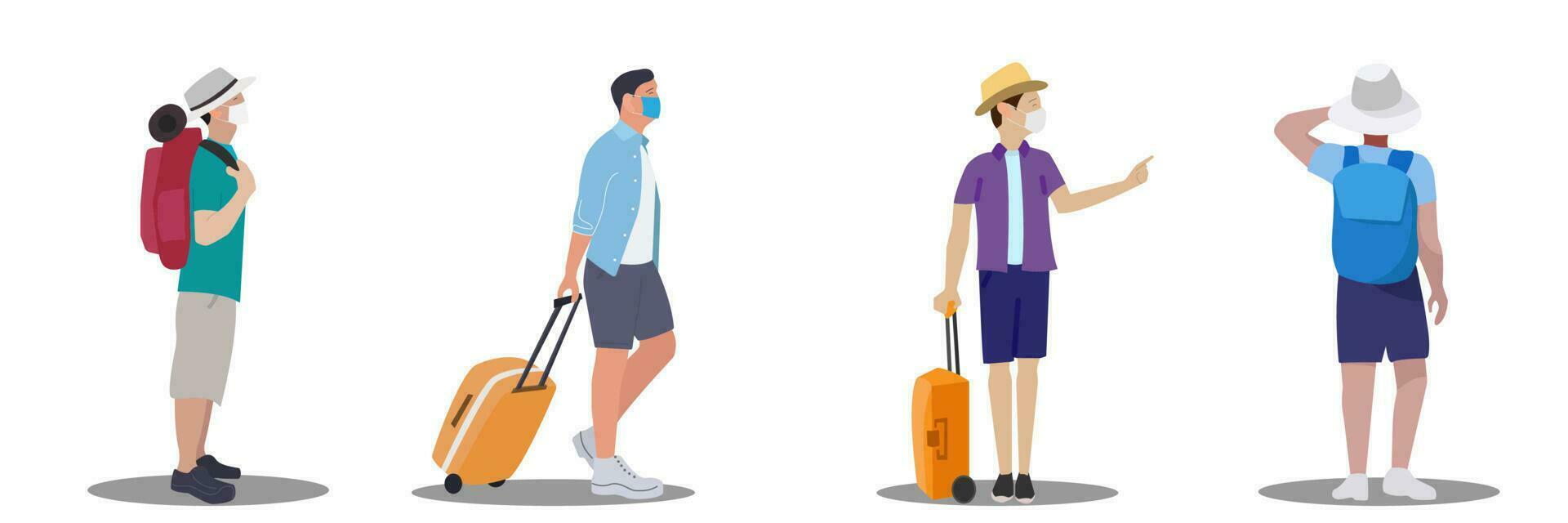 excursión grupo, turistas en un viaje. conjunto de personas siluetas con mascarilla. vector