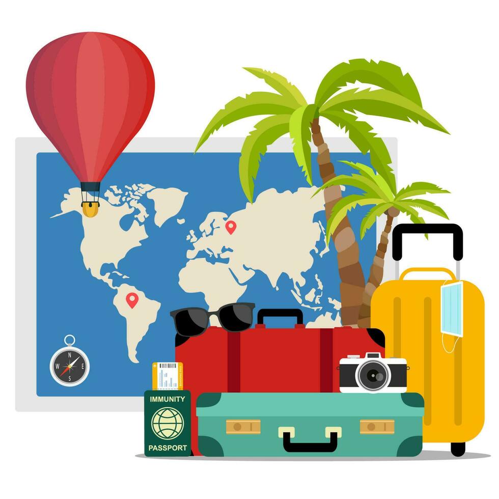 Advertisement on travel suitcase. Summer vacation. Safe travel and immunity passport or mask. vector