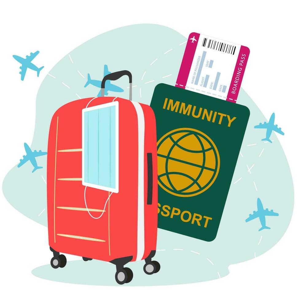 Negative PCR test for coronavirus, luggage and passport with boarding pass tickets. Modern airplane take off. Travel to new requirements. Covid-19 prevention. Health care concept. Vector illustration