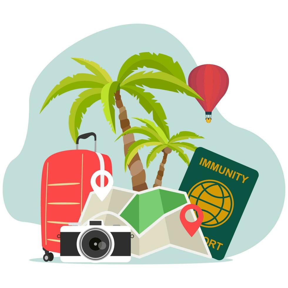 plano de viaje en avión, planificación un verano vacaciones, turismo y viaje objetos y pasajero equipaje. inmunidad pasaporte vector