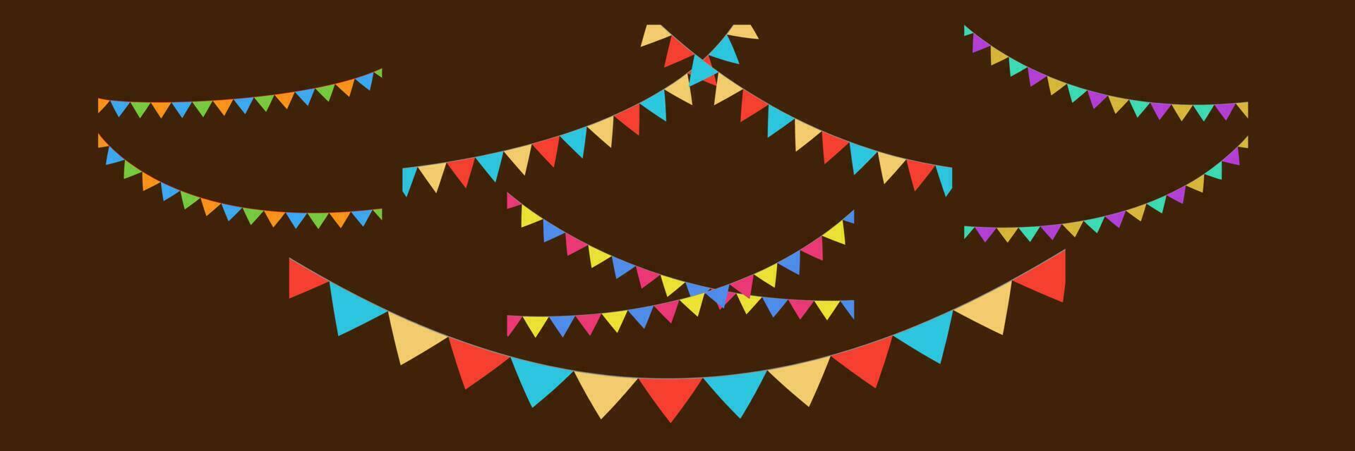 Colorful party flags vector set. Birtday, celebration, holiday, halloween, Thanksgiving and christmas and new year bunting and garlands.