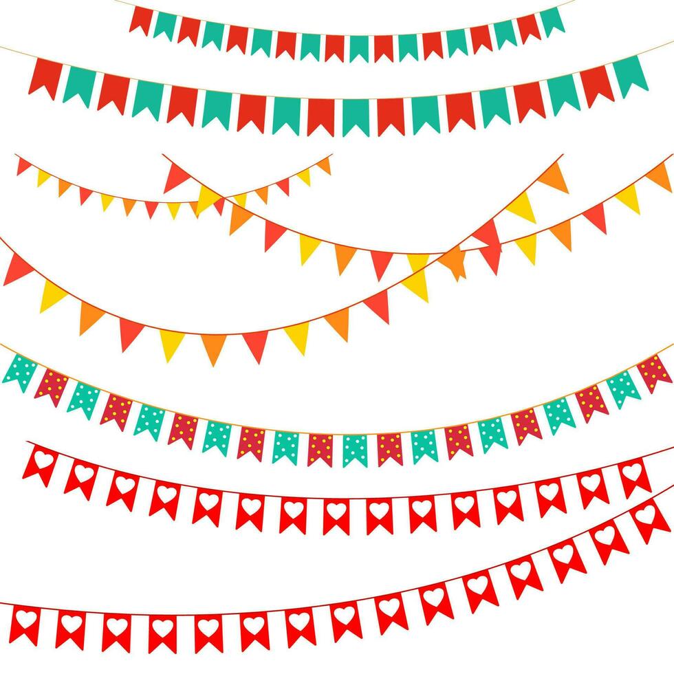 Party flags vector set. Colorful bunting and garlands. Celebration, birthday, holiday, fun, anniversary, decorative for halloween, Thanksgiving and christmas or new year.