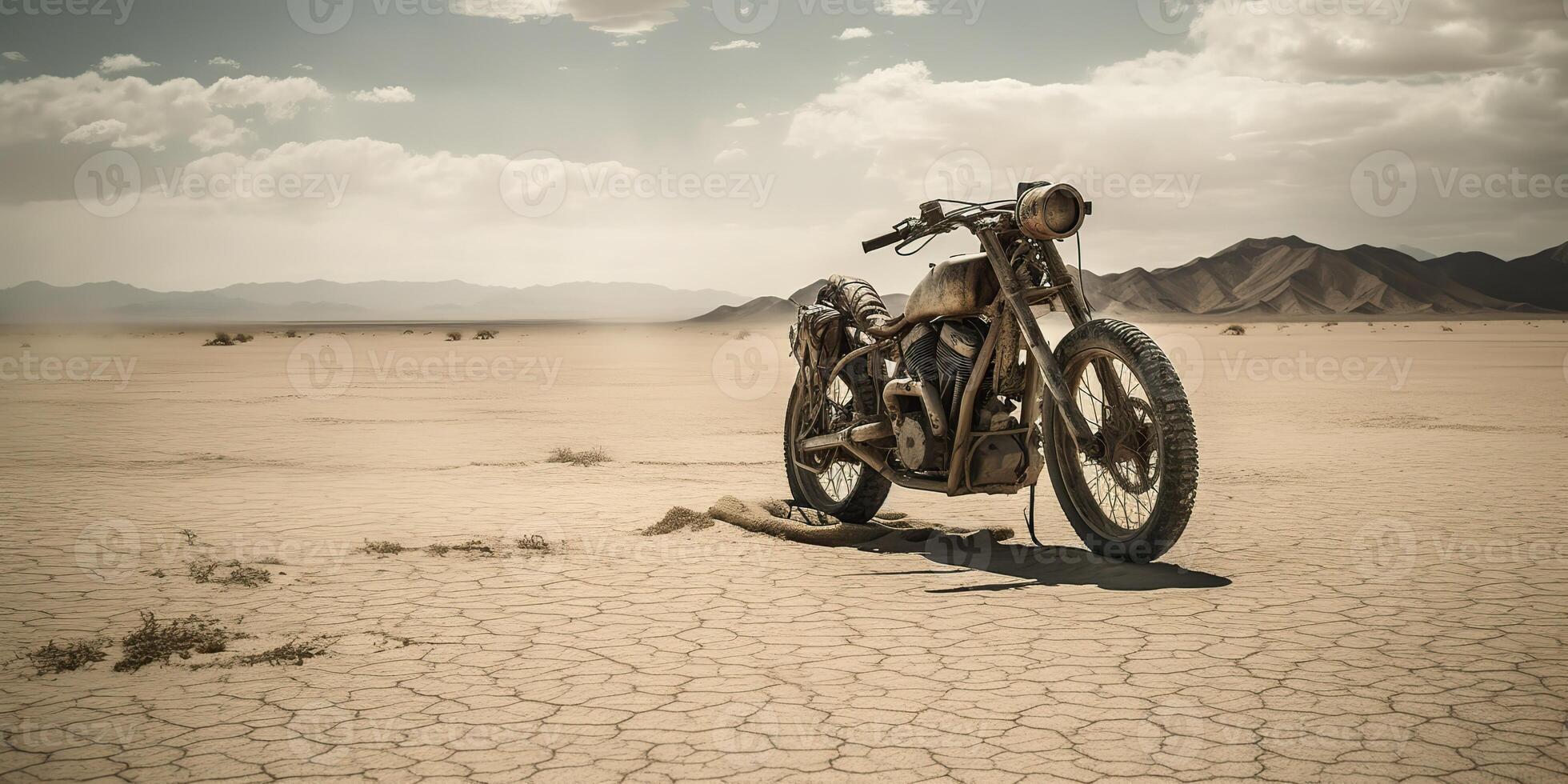 . . Old vintage retro brutal motor bike in desert road. Mad Max movie inspired. Adventure explore travel vibe. Graphic Art photo