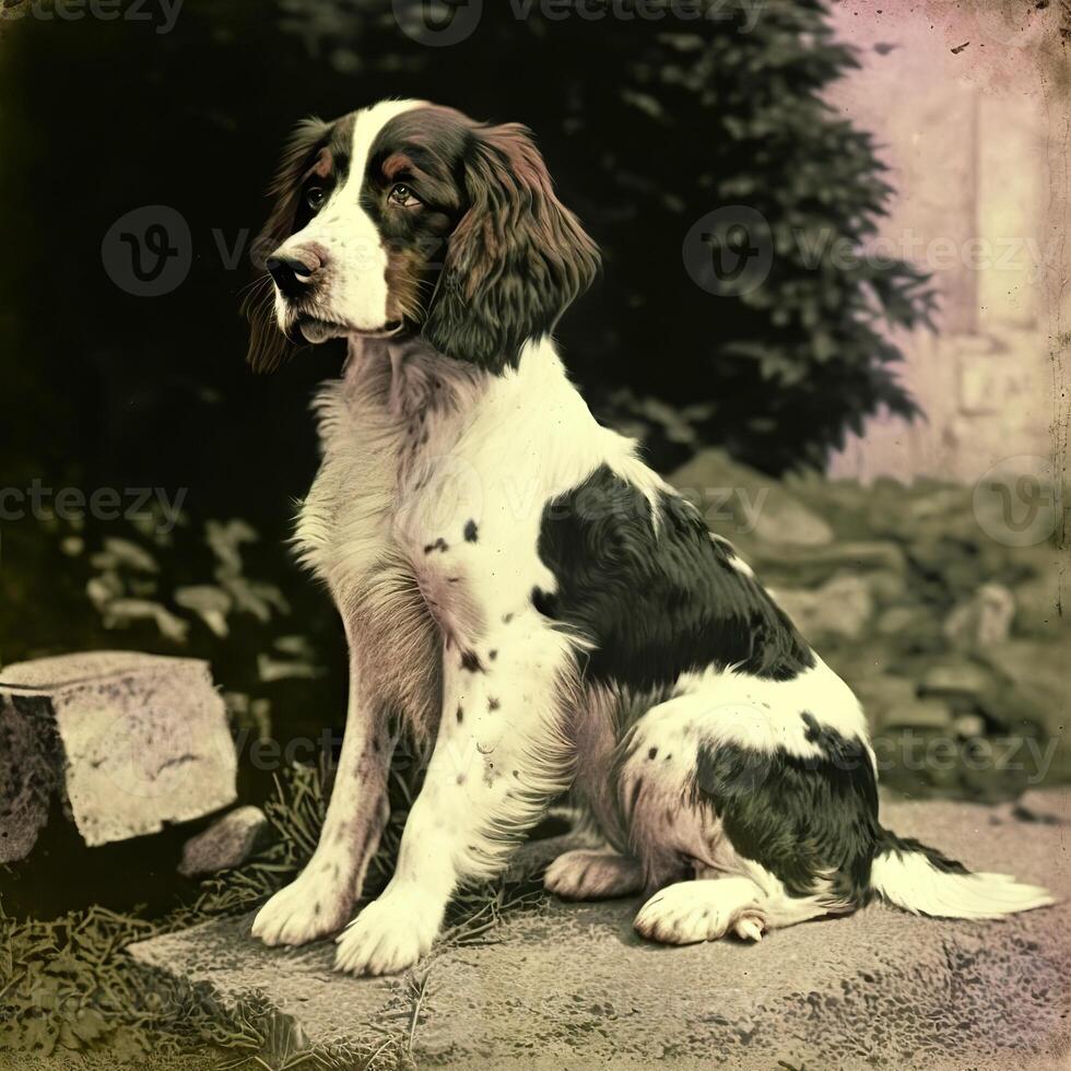 . . Photo realistic old vintage retro photo illustration of pet cute dog. Hand colored photography. Graphic Art