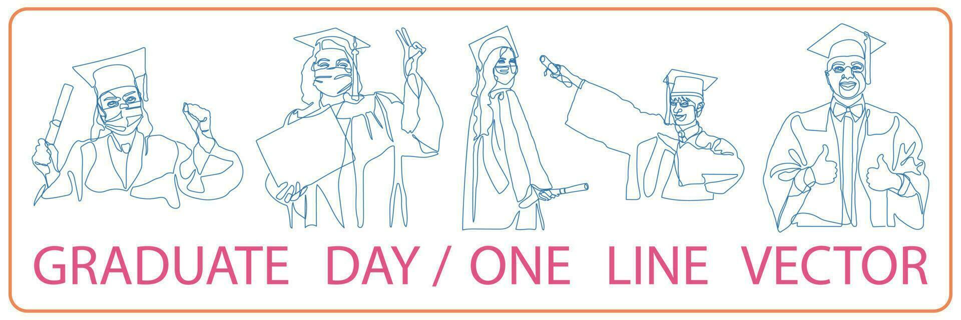 Continuous line drawing of celebrating graduation.Commencement ceremony drawing. College, school pupil celebrating graduation isolated on white background. vector
