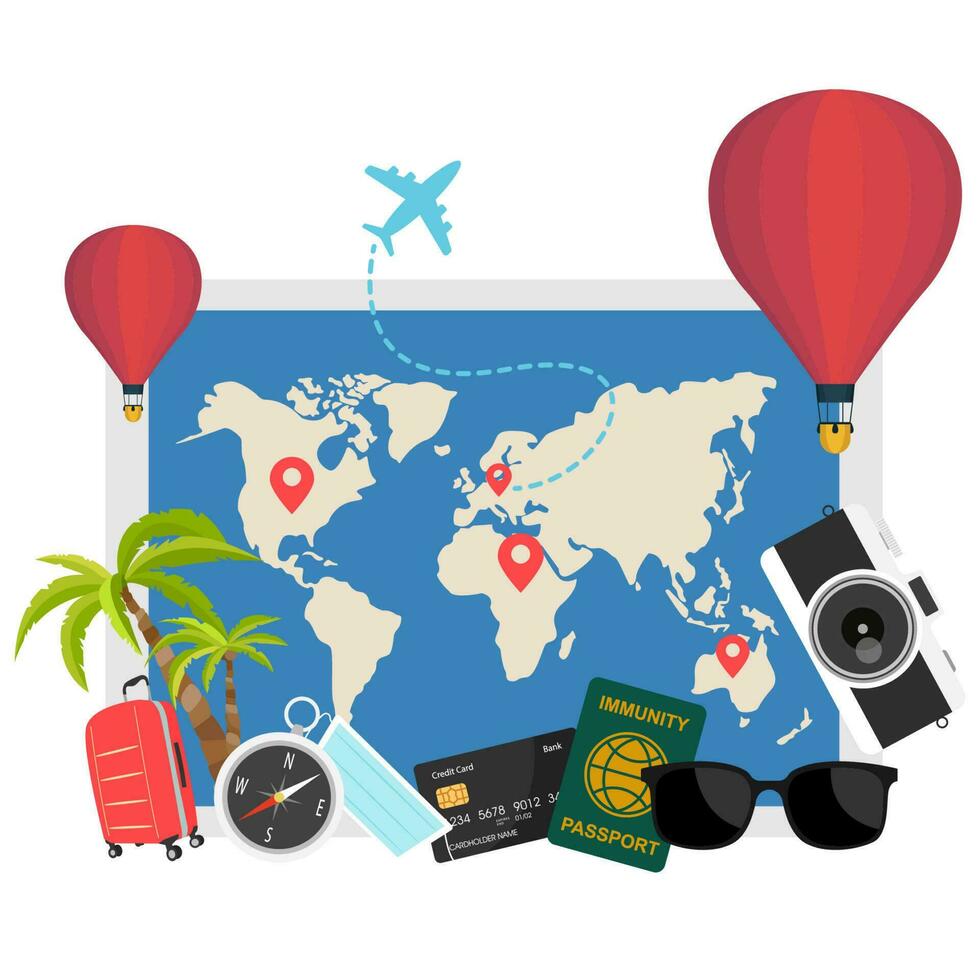 viajeros escritorio con maleta, cámara, avión boleto, pasaporte, Brújula y prismáticos, viaje y vacaciones concepto. seguro viaje y inmunidad pasaporte o mascarilla. vector