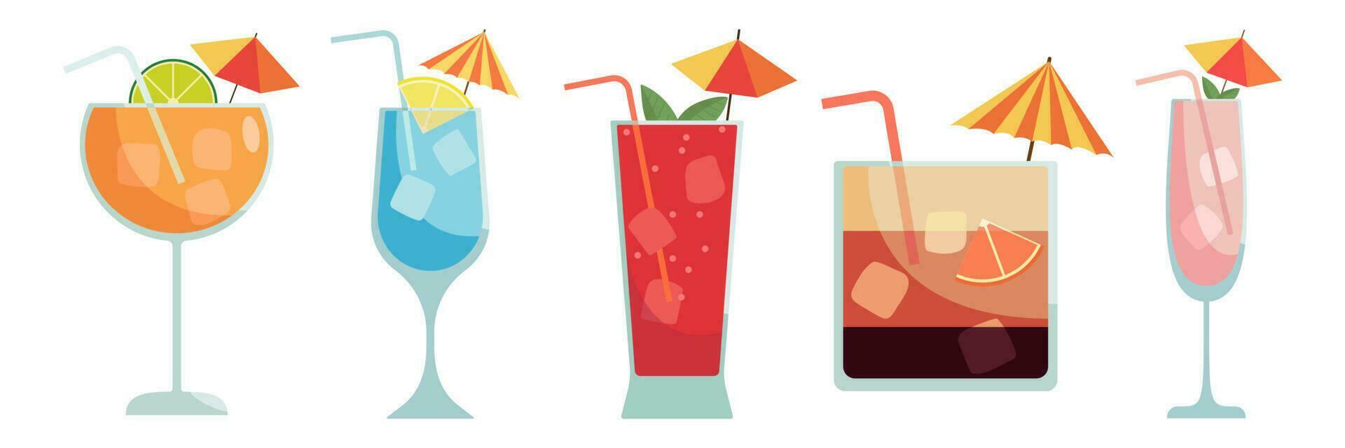 conjunto de cocteles verano ilustración de clásico bebidas en diferente tipos de lentes. vector ilustración de verano cocteles bandera con suave y alcohol bebidas