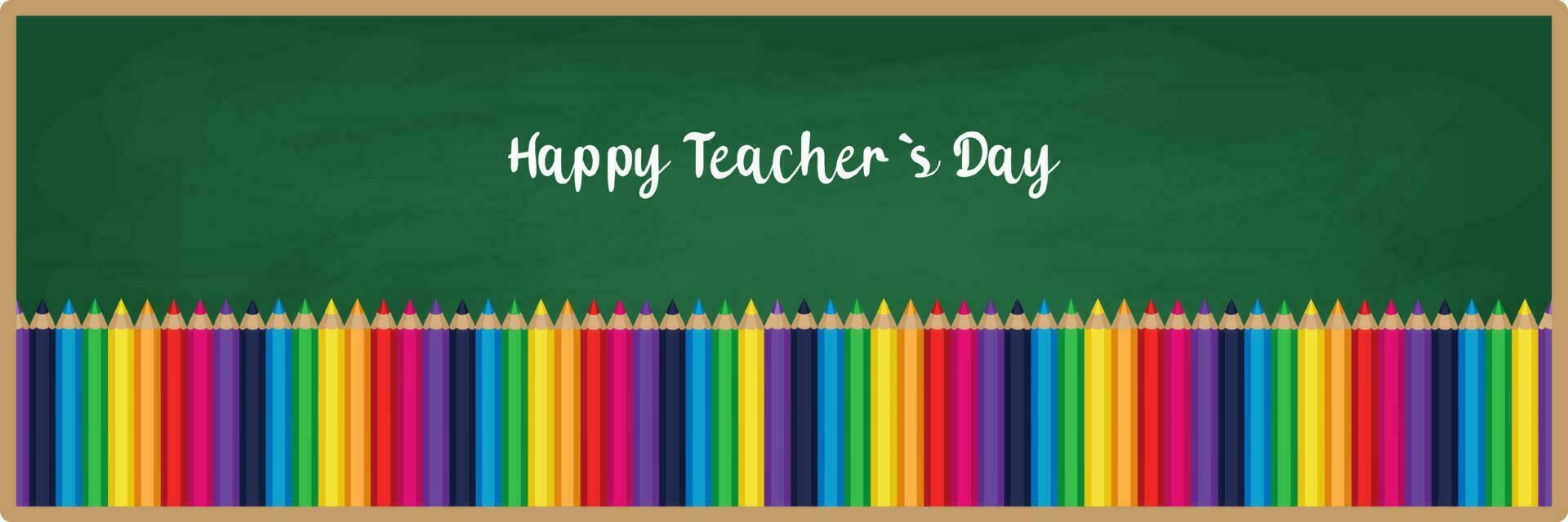 Happy teachers day vector illustration with chalk board, colorful crayons, pencils and pens. Typography design with chalk letters for greeting card or web banner.