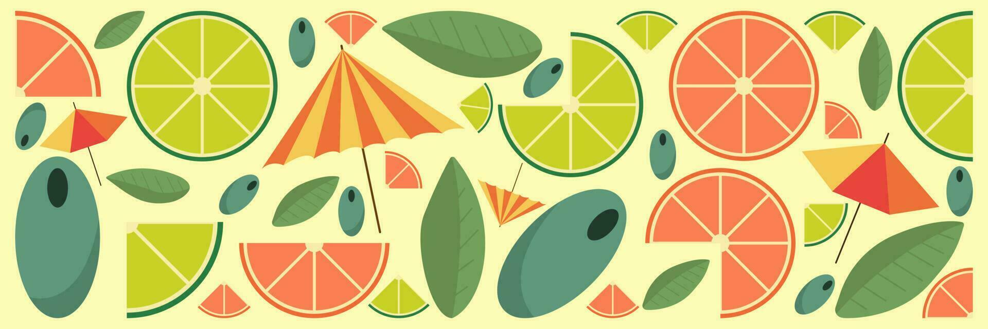 Citrus slices of lemon, orange, lime and grapefruit. Mint leaf, olives and Cocktail umbrella. Vector illustration banner or background summer.