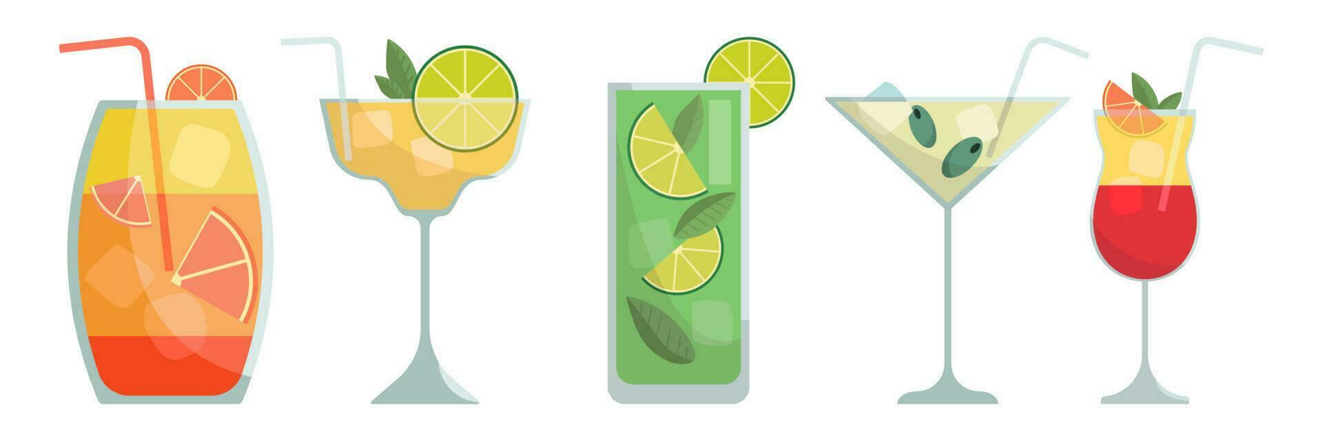 Set of cocktails. Summer illustration of classical drinks in different types of glasses. Vector illustration of summer cocktails. Banner with soft and alcohol drinks.