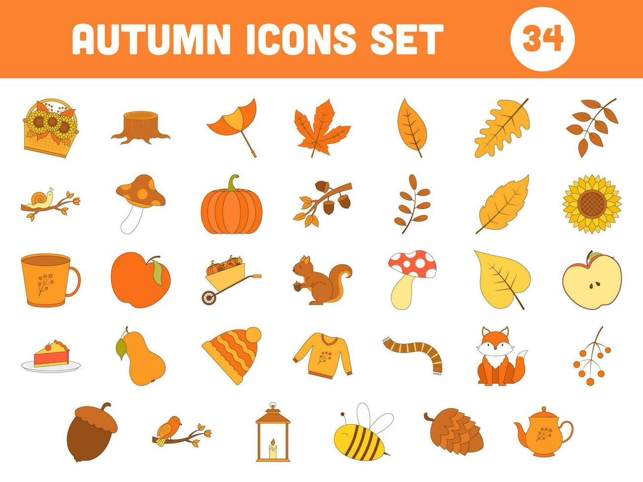Set Of 34 Autumn Icons Over White Background. vector