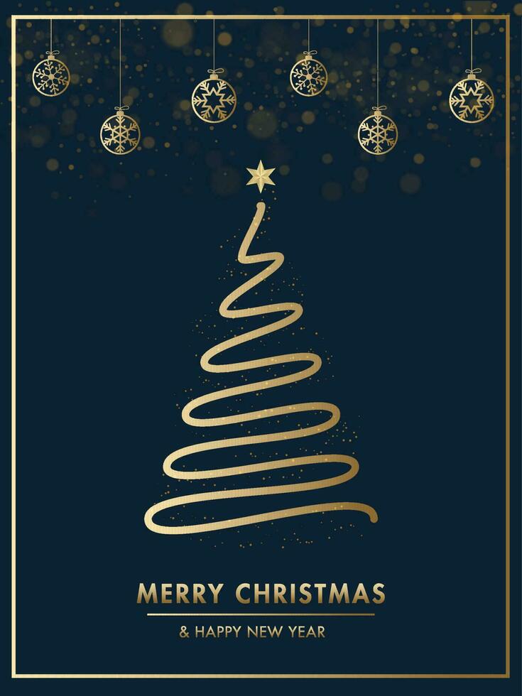 Creative Xmas tree made by spiral golden glittering with Snowflake Baubles hanging on blue background for Merry Christmas and Happy New Year template design. vector