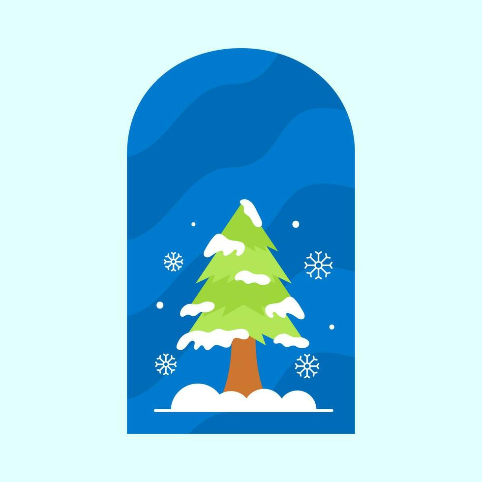 Vector of Snowfall With Christmas Tree At Window Blue Background.