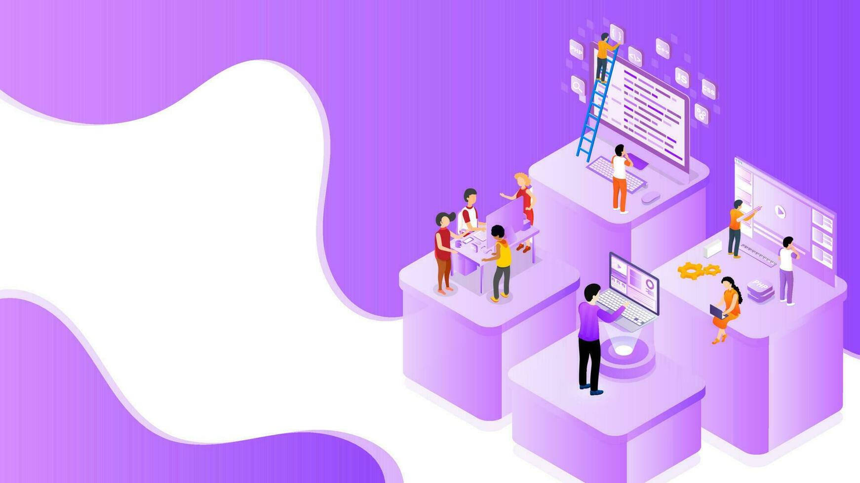 Business people working different platform in level position for Teamwork concept based isometric design. Can be used as banner or poster design. vector