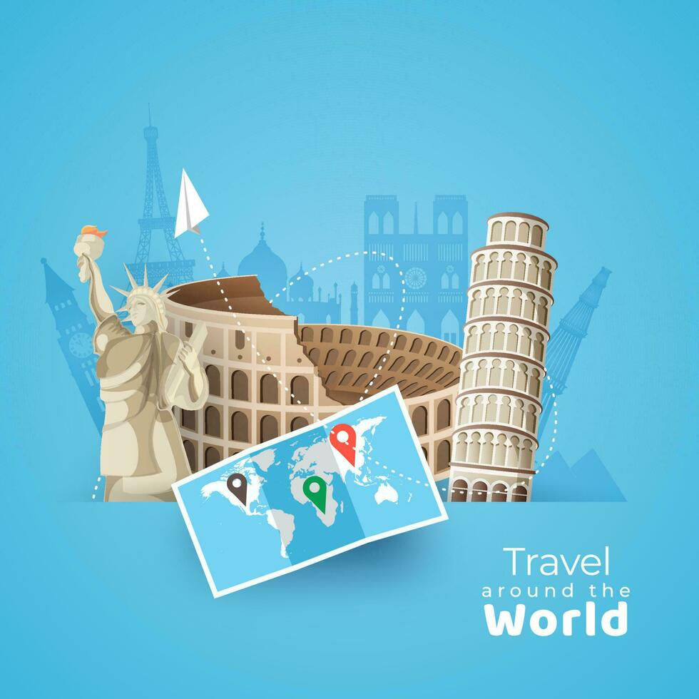 ilustración de mundo famoso monumentos con ubicación mapa y papel avión para viaje alrededor el mundo concepto. lata ser usado como póster o modelo diseño. vector