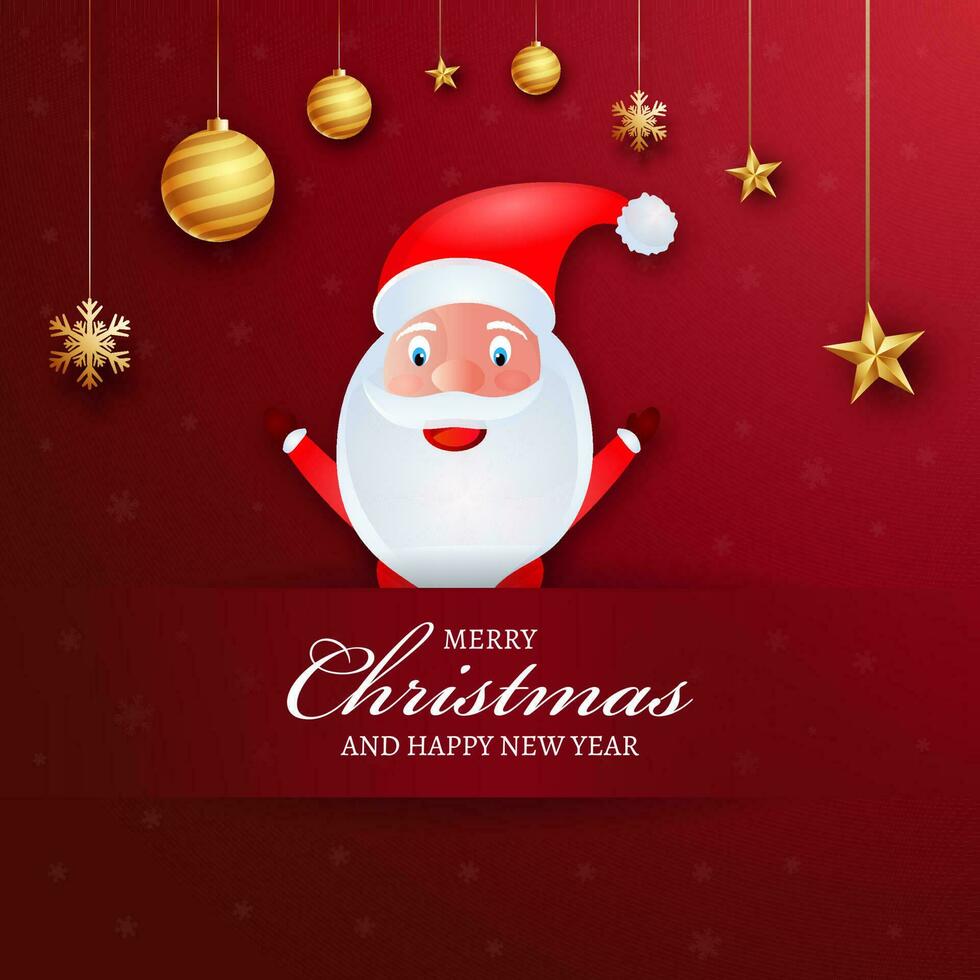 Cute santa claus with hanging golden baubles, stars and snowflakes decorated on red background for Merry Christmas and Happy New Year celebration. vector