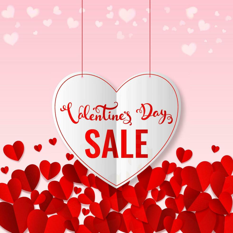 Valentine's Day Sale Text in Hanging White Heart with Red Paper Cut Hearts Decorated on Pink Background for Advertising Concept. vector