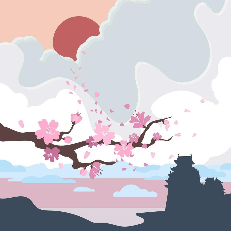 Banners with blossoming oriental cherry branch in traditional japanese sumi-e style on vintage background. Hieroglyph sakura with cloud and sun. vector