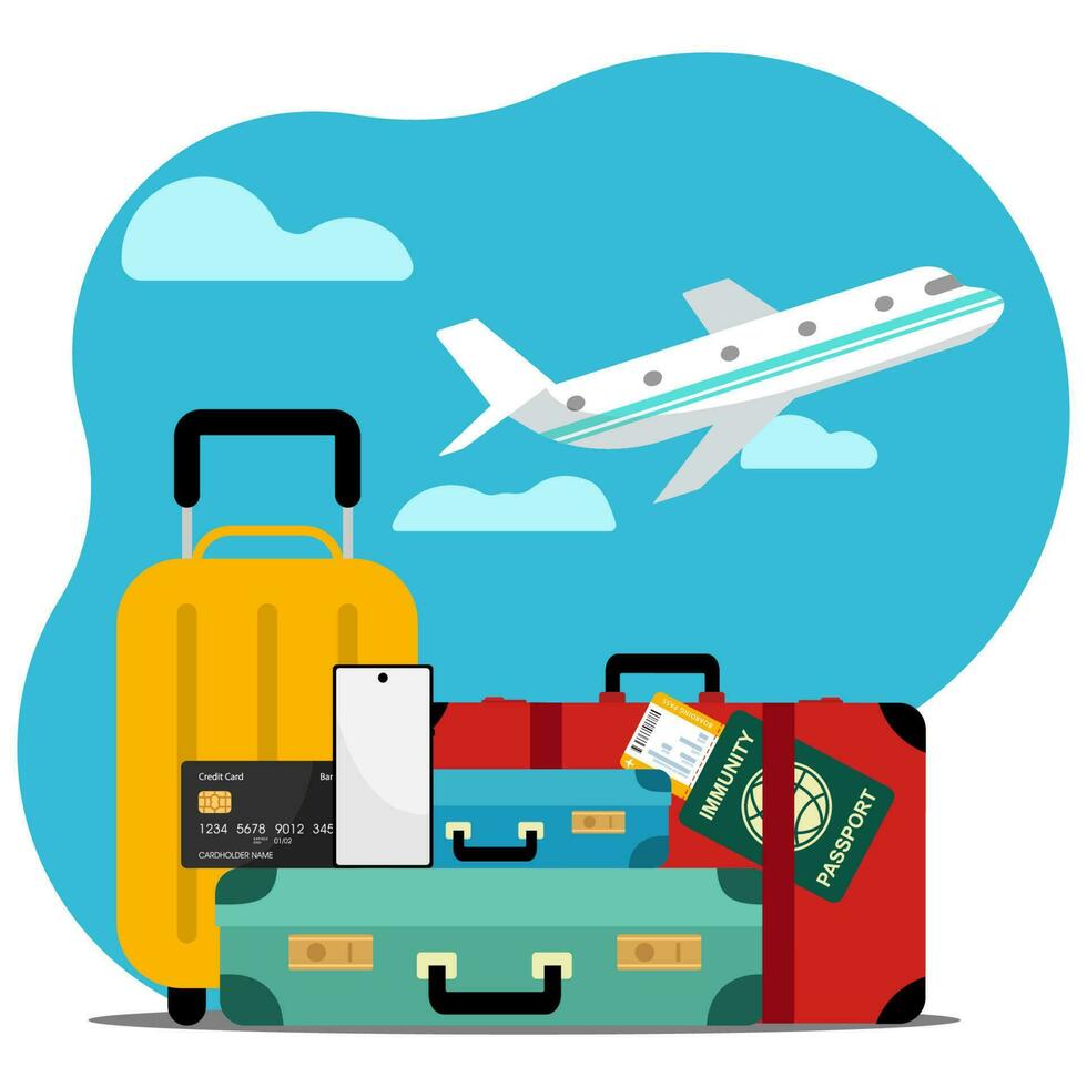 Flat Travel and Tour Poster Design Around the World with Summer Elements. Vector Illustration. Safe summer vacation and immunity passport or mask.