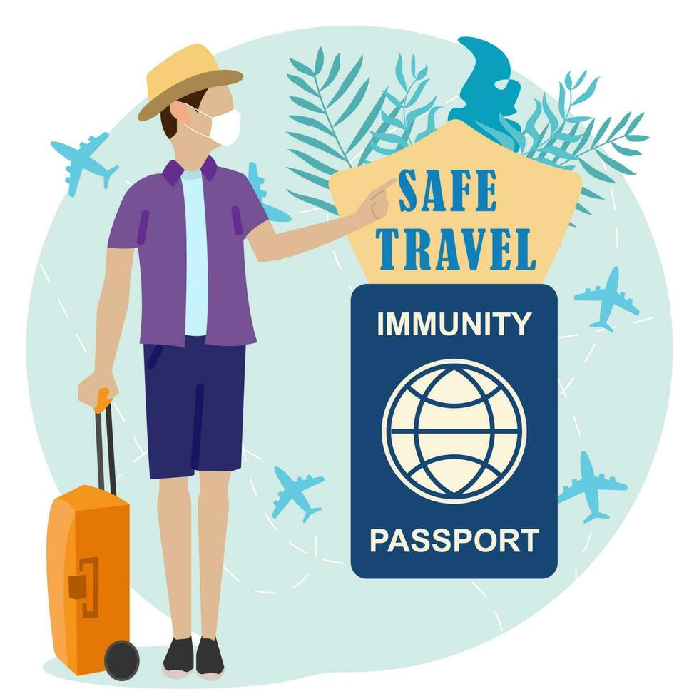 Traveller with negative PCR test for coronavirus. Tourist with luggage and immunity passport. Stamp- accepted on paper. New normal for trips, communication. Covid-19 prevention. Vector illustration