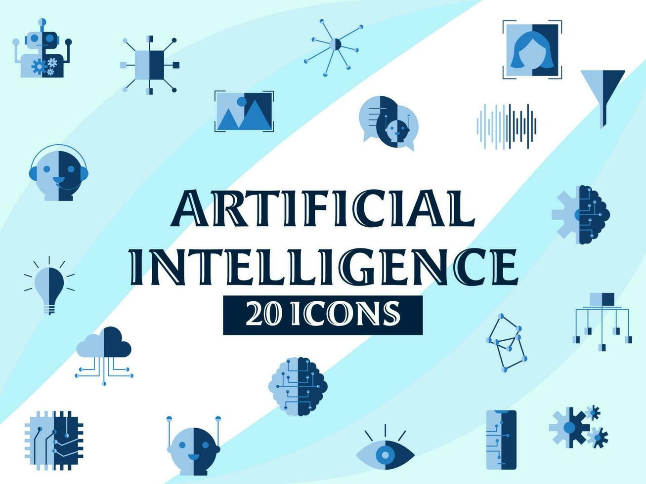 20 Artificial Intelligence Icon Set On Blue And White Background. vector