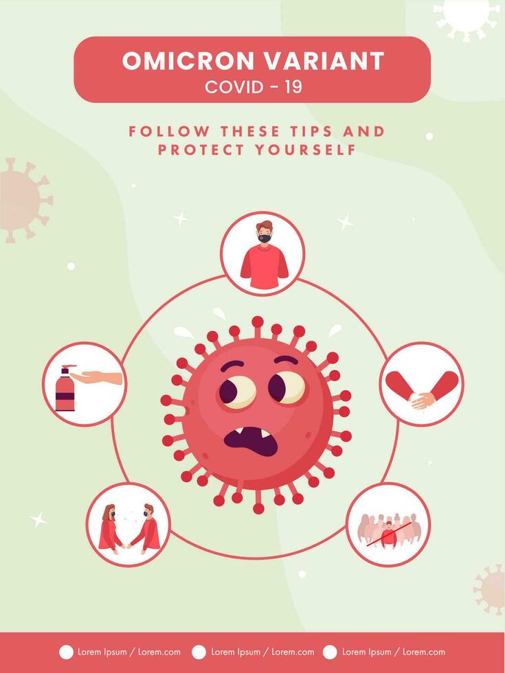 Follow These Tips To Prevent Omicron Covid-19 Variant And Keep Yourself Safe Like Wear Mask, Use Sanitizer or Wash Hands, Maintain Social Distance. Awareness Poster Or Template Design. vector