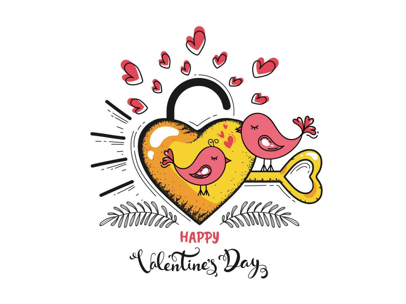 Flat Style Loving Birds Couple with Heart Lock and Key on White Background for Happy Valentine's Day Celebration Concept. vector