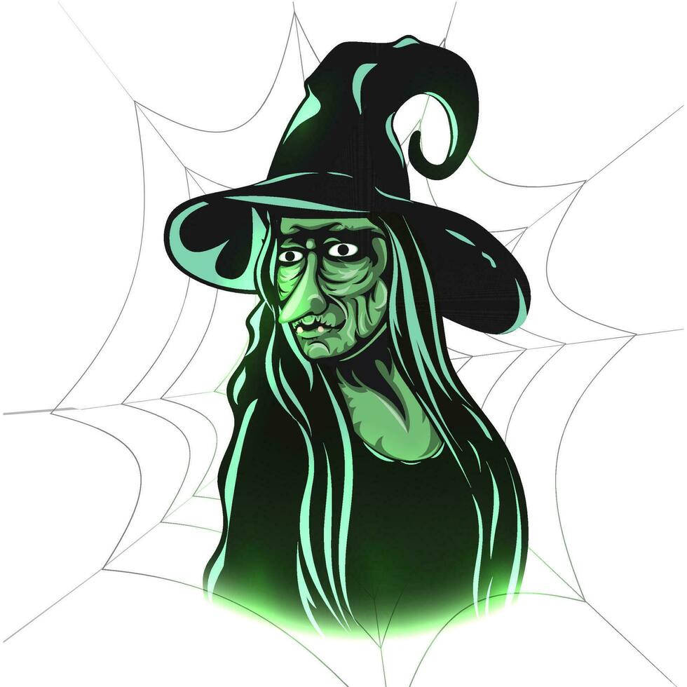 Witch cartoon character on white spider web background. vector