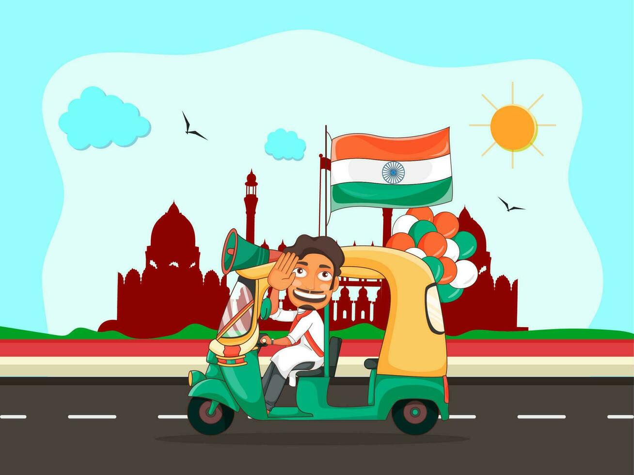 alegre hombre conducción auto Taxi con indio bandera y tricolor globos en frente de rojo fuerte en Dom antecedentes. vector