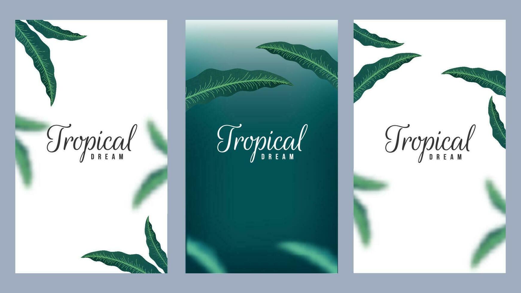 Set of Tropical Dream template design decorated natural leaves on green and white background. vector