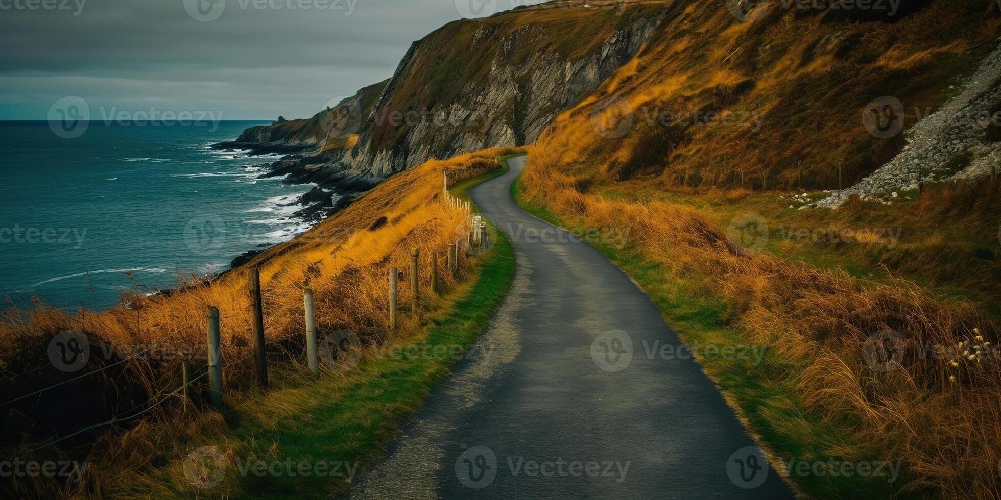 ai generado. ai generativo. foto realista fotografía ilustración de línea costera irlandesa la carretera viajar. montañas explorar aventuras viaje onda. gráfico Arte