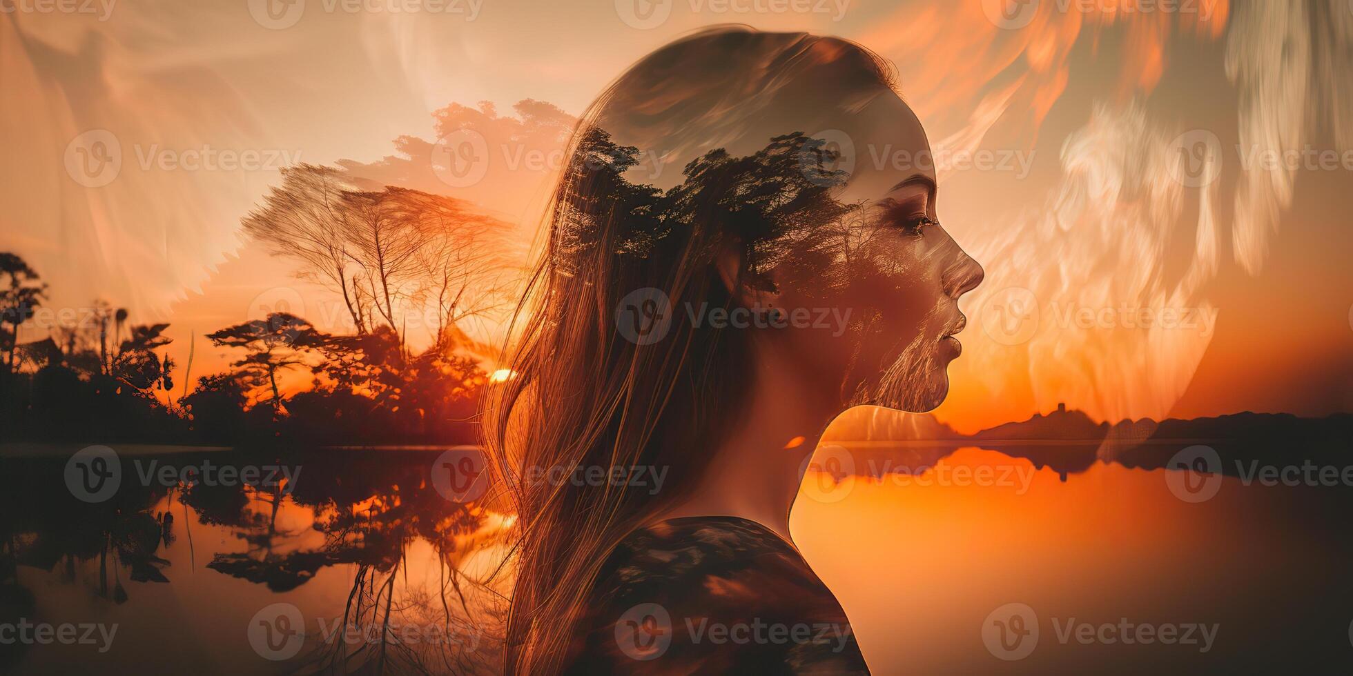 . . Double exposure photo realistic illustration. Romantic free soul lifestyle adventure vibe. Graphic Art