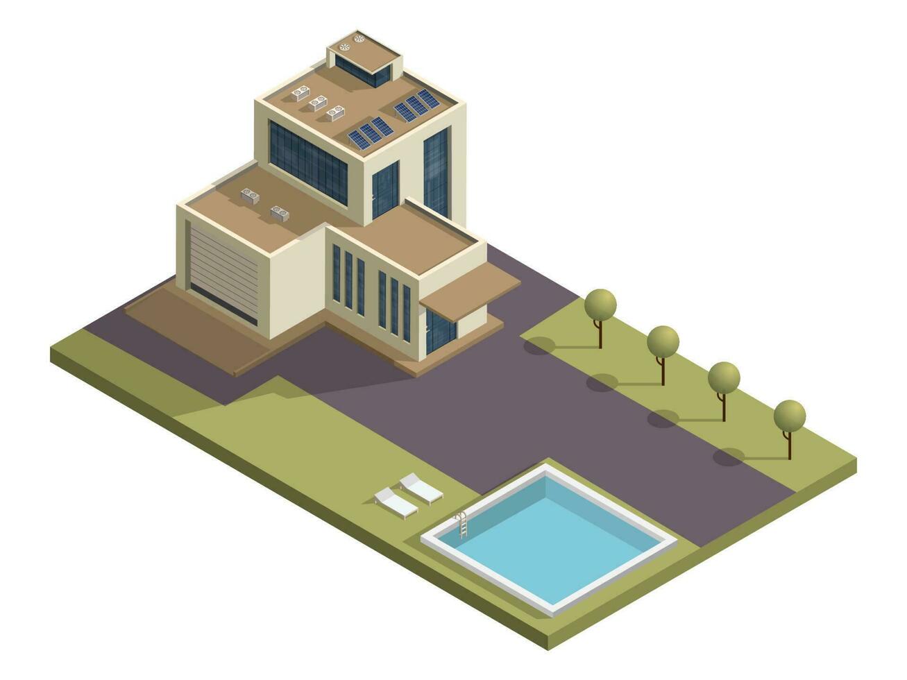 Isometric building with swimming pool and garden yard background. vector