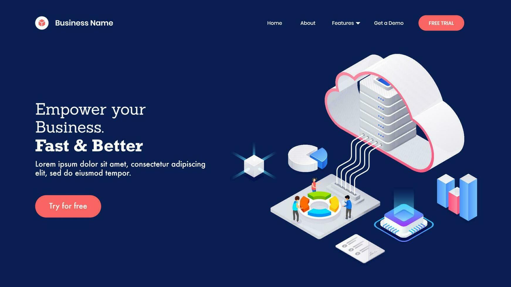 3D cloud server connected with infographic element like as pie chart, bar graph and chip for Empower Your Business Fast and Better concept based landing page design. vector