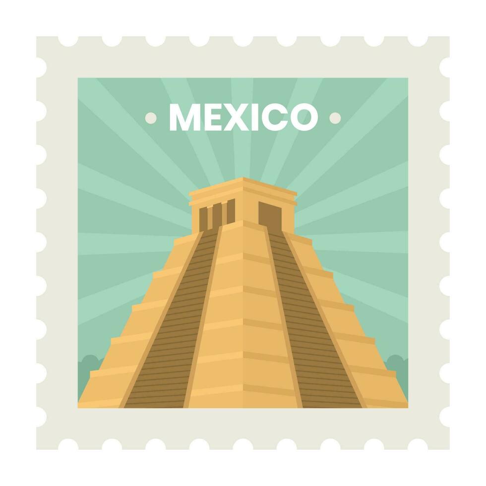 mexico viaje estampilla, pegatina o boleto diseño con naranja maya templo terminado verde rayos antecedentes. vector