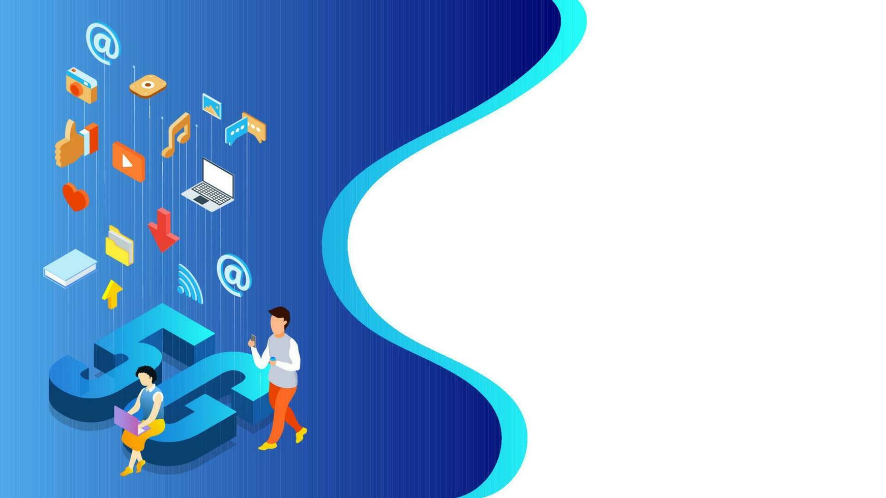 5G network internet data service concept, 3d text 5G with social media user using website like as favorite, like, video, photo and other sharing data analysis. vector