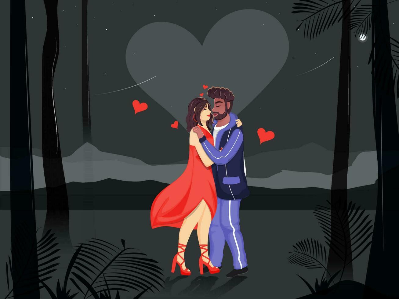Young Loving Couple Character on Nature Night Scene Black Background. vector