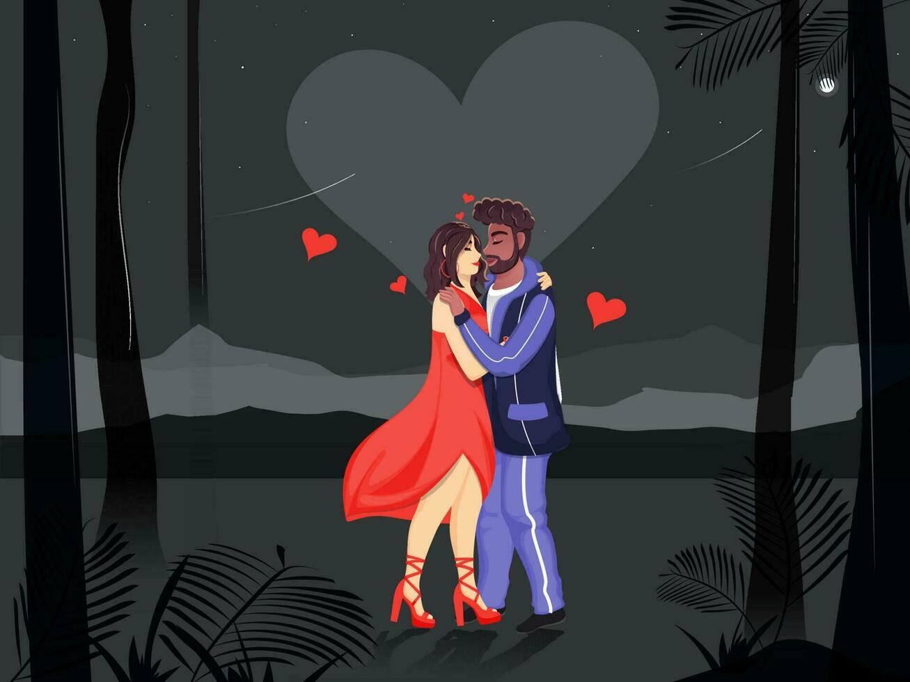 joven amoroso Pareja personaje en naturaleza noche escena negro antecedentes. vector