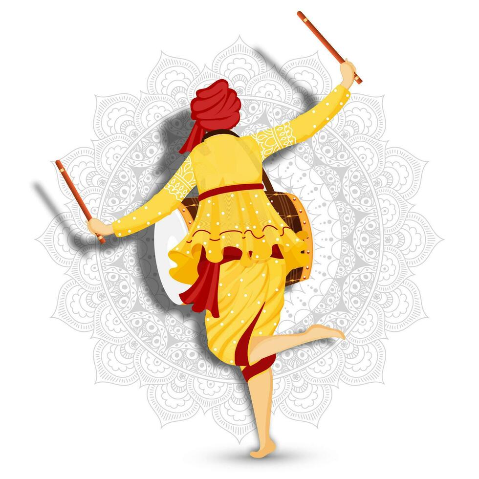 Back view of drummer playing with drum on white mandala floral background. vector