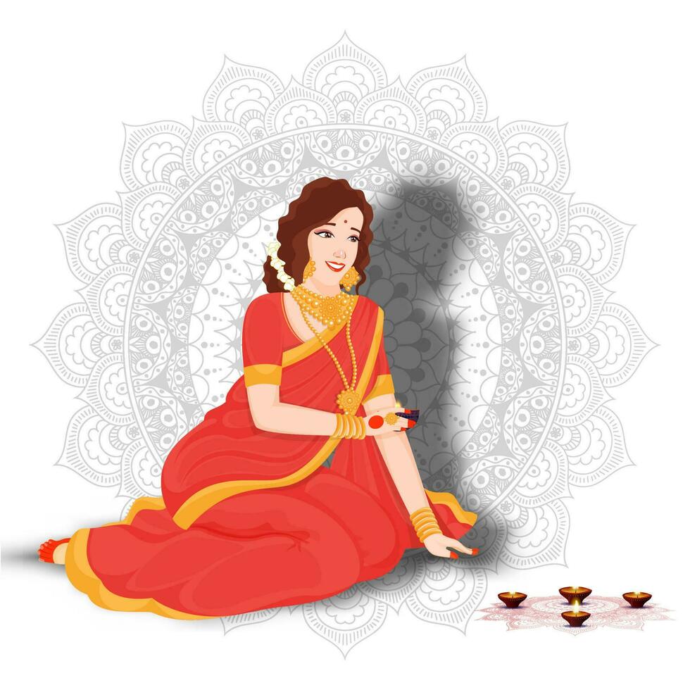 Beautiful woman decorating rangoli with oil lamp on mandala pattern background. vector