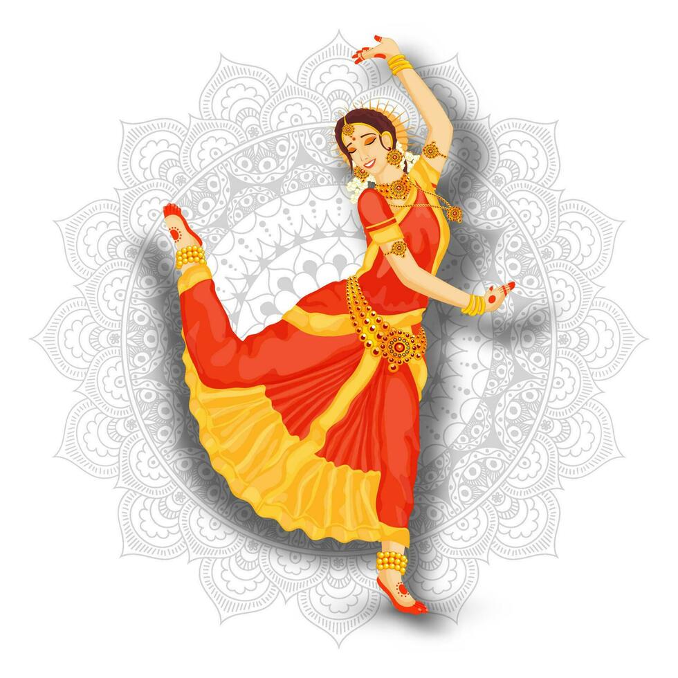 joven hermosa indio mujer bailarín ejecutando bharatnatyam en blanco mandala modelo antecedentes. vector