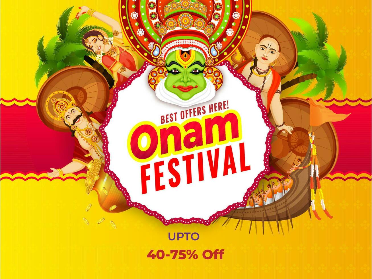 rebaja bandera o póster diseño con descuento oferta, ilustración de demostración cultura y tradicion de kerala para onam festival celebracion concepto. vector